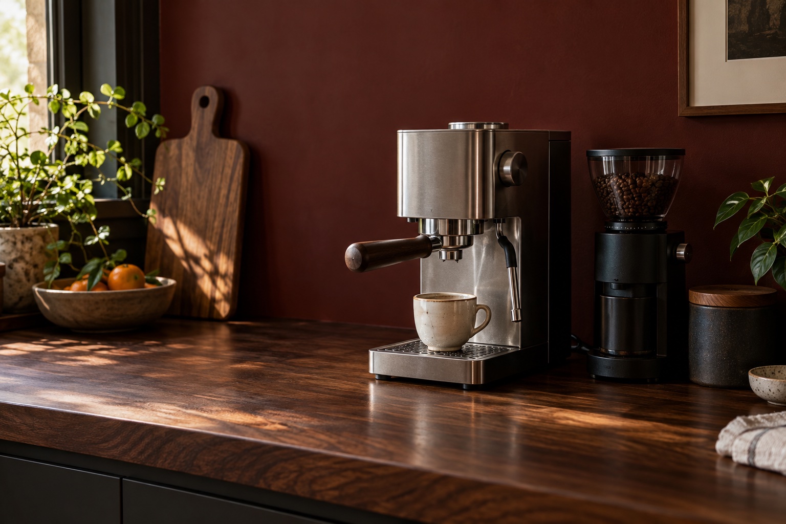 An imagined compact espresso corner with walnut, brushed steel, and morning light